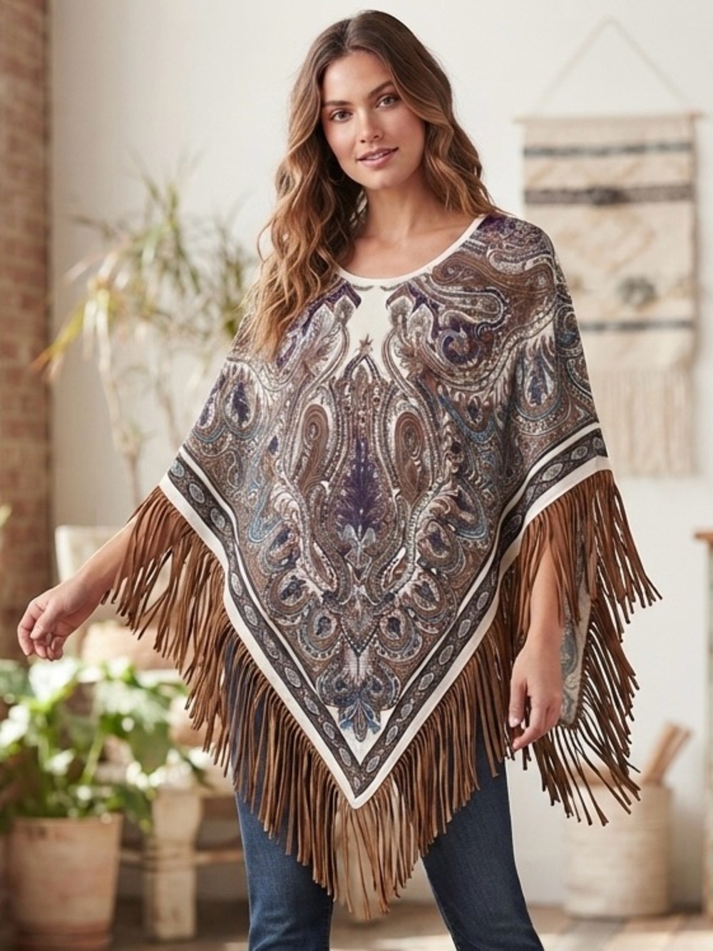 Attitudes by Renee Paisley Print Poncho with Fringe